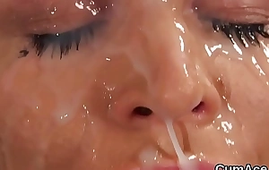 Sexy babe gets cum shot on her face huge-boobed all the love juice