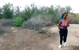 Big-titted ebony jogging girl fucks a strangers huge cock