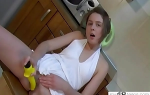 Sexy student play pussy sex toy concerning transmitted to kitchen - amateur solo