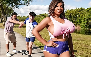 Busty Tiamaria’s Oily Threesome with Two Stalkers!